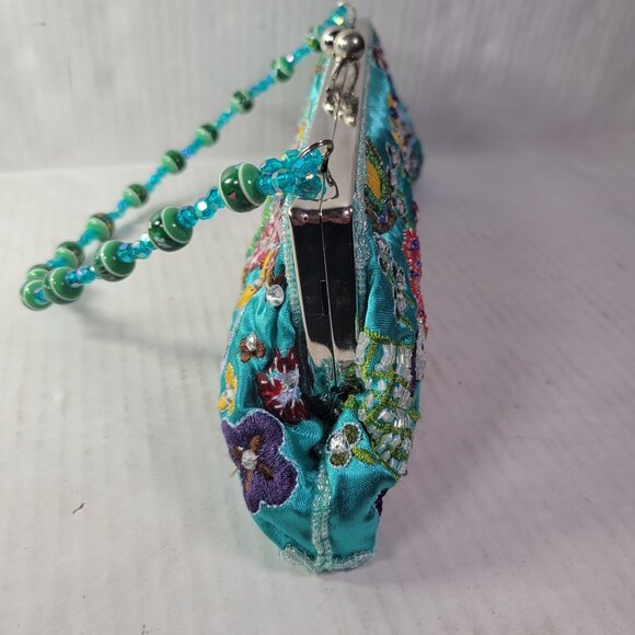 Turquoise Hand Beaded & Embroidered Floral Satin Clutch Purse With Beaded Handle - Picture 6 of 8